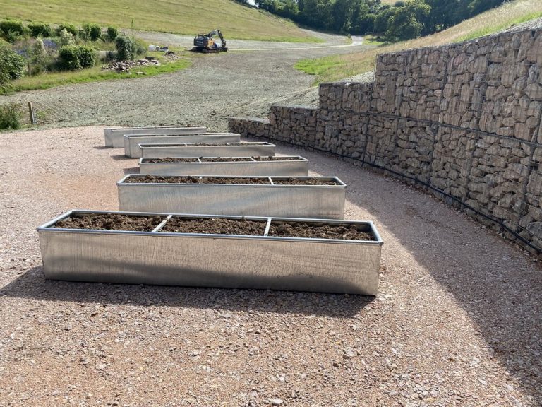 planters and gabion wall