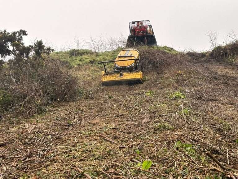 Mini Robo being winched down a sleep slope while scrub clearing