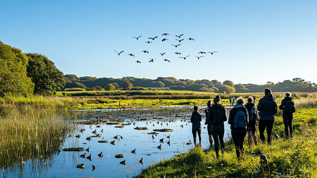 Illustration of a natural lake surrounded by greenery, illustrating bird habitats and outdoor fitness activities with figures showcasing bird species growth, kayaking, and walking trails.