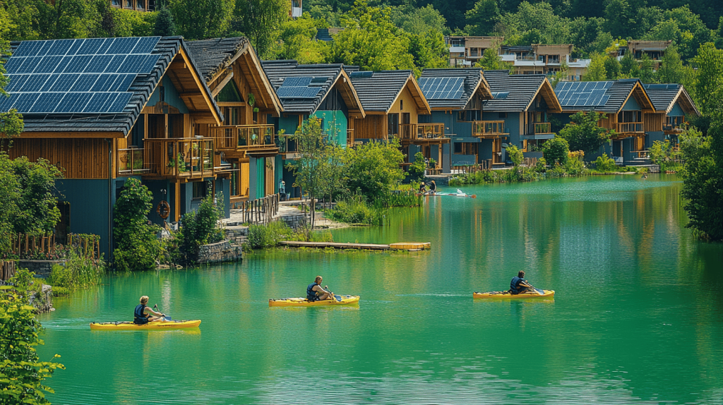 Infographic showing how eco-friendly lakes impact property value, with data on construction boosts, community preferences, and economic growth.
