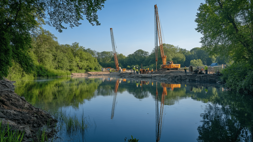 Illustration showing features of chemical-free water treatment and eco lake construction. Highlights include reducing chlorine use, natural filters, and fostering biodiversity.