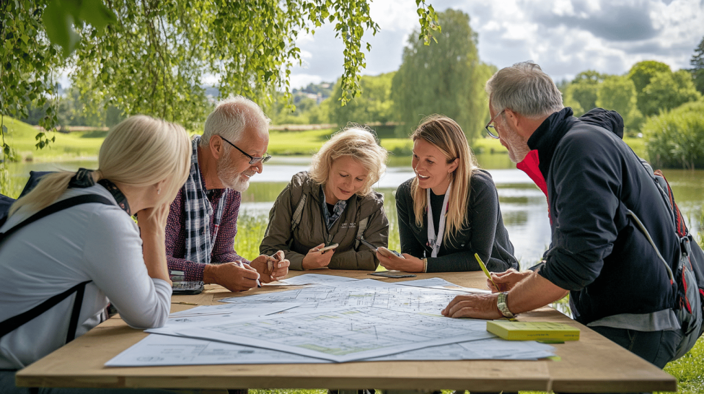 Illustration featuring lake landscapes with data on community engagement, tourism growth, and event popularity.
