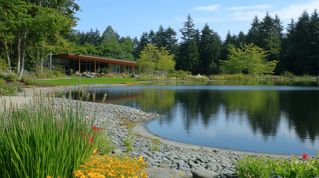 Visual representation of lake edge profiling techniques showcasing safe pH ranges, biodiversity improvements, and stress reduction for sustainable waterscape enhancement.