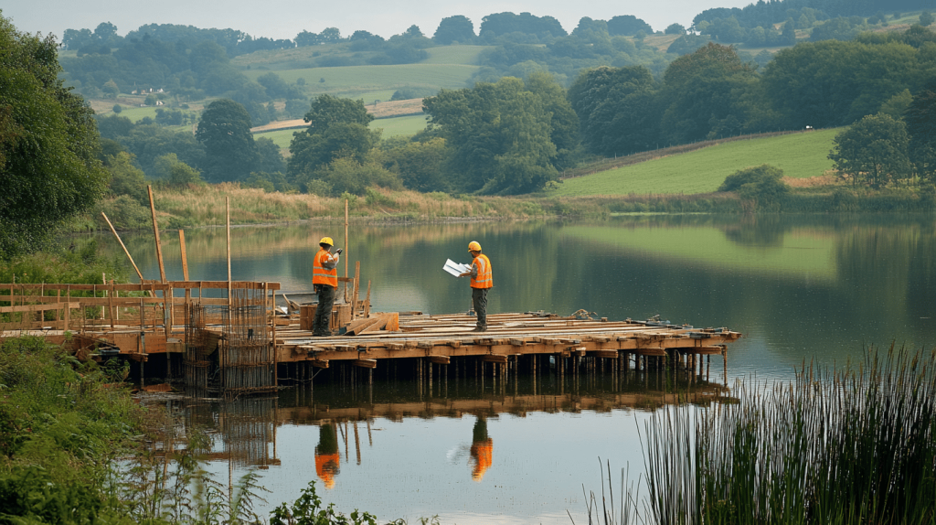 An infographic showcasing key metrics and outcomes of managing lake construction projects for wellness retreats, highlighting growth, survey results, and environmental impact.