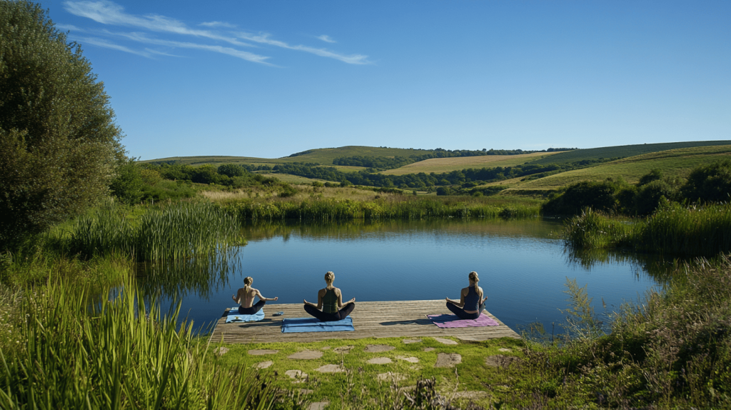 Illustration showcasing how permaculture improves lake systems for wellness retreats, including water quality, biodiversity, and recreational opportunities.