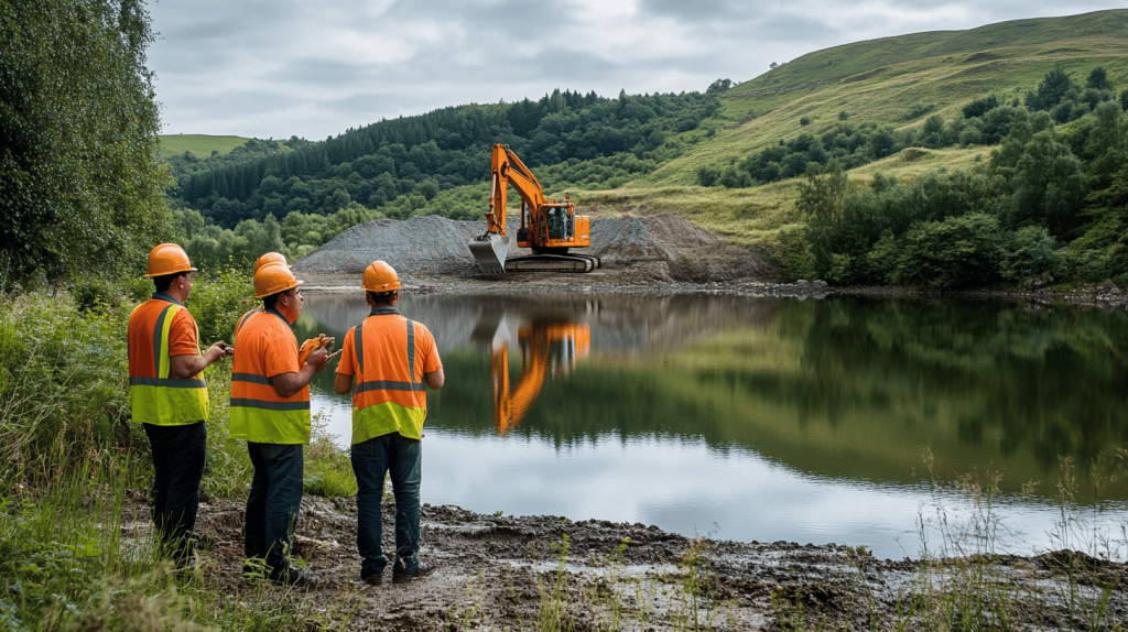 Infographic addressing logistical challenges in remote lake construction projects, featuring graphs, a pie chart, and scenic visuals of a remote forested lake.