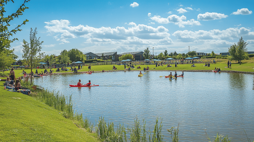 An infographic displaying five surprising social benefits of lake development, including tourism growth, construction expansion, and educational enhancements.