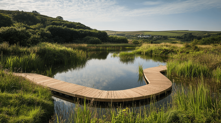 A tranquil pond featuring a gently curving wooden walkway, surrounded by tall grasses and rolling countryside
