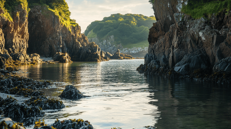 A tranquil inlet bordered by towering cliffs and verdant foliage, with reflective water and seaweed-covered rocks in the foreground under a warm golden glow