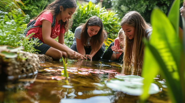 Four smiling girls kneel beside a small garden pond surrounded by lush greenery, gently touching the water as they observe aquatic plants.
