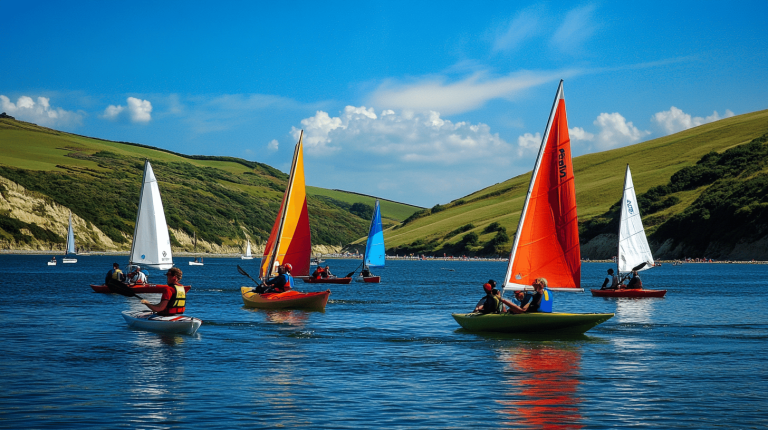 A group of small kayaks and dinghies with brightly coloured sails, gliding across calm waters near lush green hills under a clear blue sky
