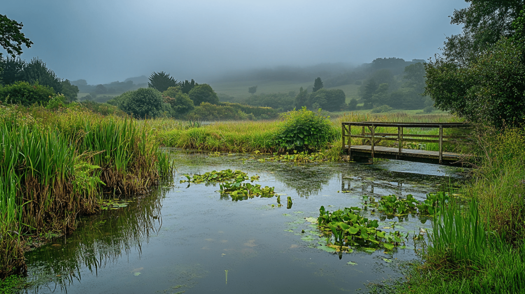 Tranquil pond fringed by reeds and lilies beneath a mist-shrouded hillside, with a small wooden footbridge on the right