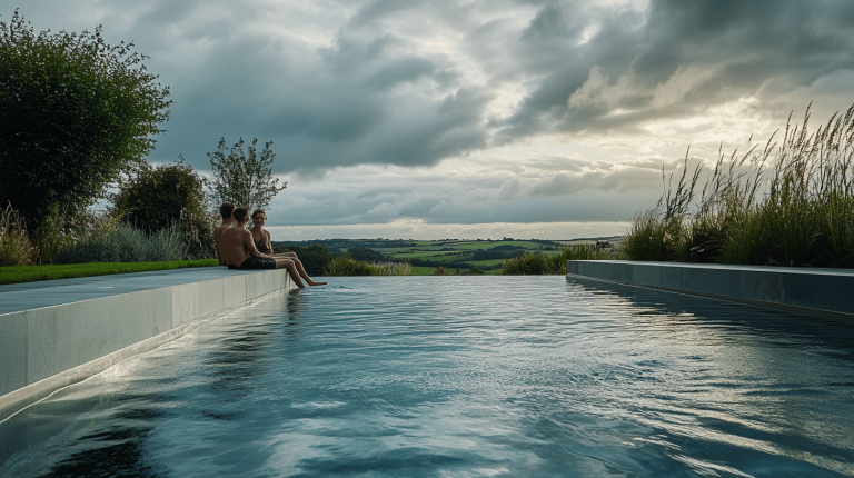 Three people seated at the edge of a sleek infinity pool overlooking rolling green fields and a cloudy sky