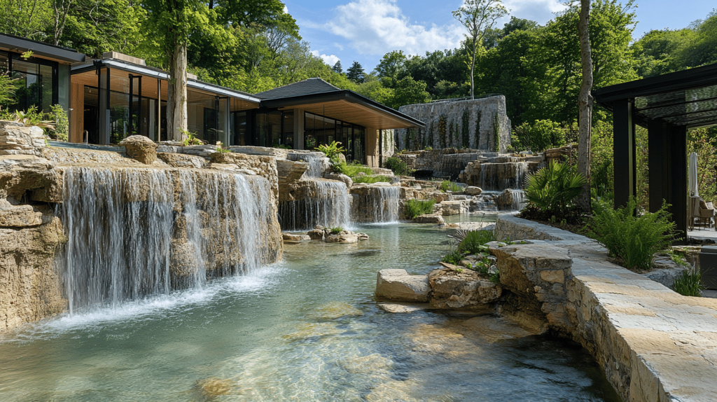 A series of natural-stone waterfalls cascading into clear pools, surrounded by modern glass-fronted buildings and lush greenery