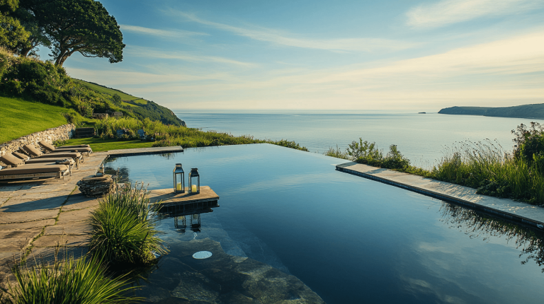 An elegant infinity pool perched on a grassy hillside overlooking a calm sea, with stone decking, sun loungers, and lush greenery in the foreground.