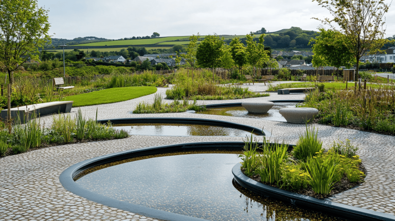 Curved water basins edged by smooth cobblestone paths, surrounded by benches, ornamental plants, and rolling green hills in the distance