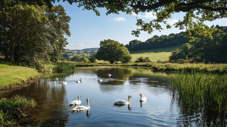 A calm pond surrounded by lush greenery and rolling hills, dotted with swans gliding across its surface beneath a clear sky