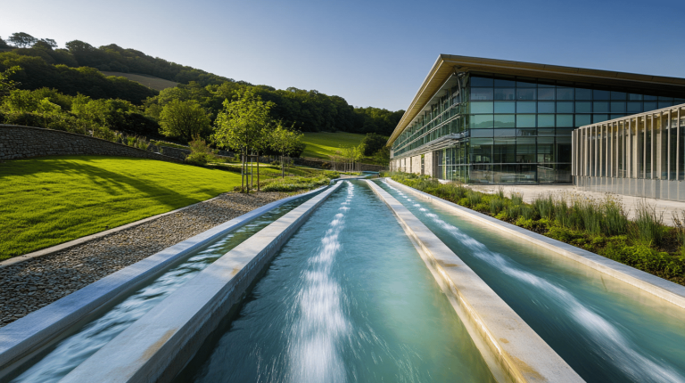 A sleek set of parallel water channels flowing alongside a modern, glass-fronted building, bordered by manicured lawns and tree-lined hills.