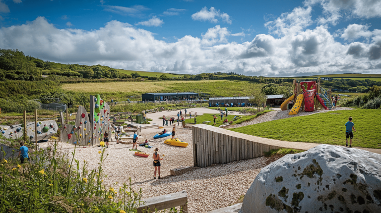 Children and adults enjoying a large outdoor play space with climbing walls, colourful kayaks, and grassy hills under a partly cloudy sky