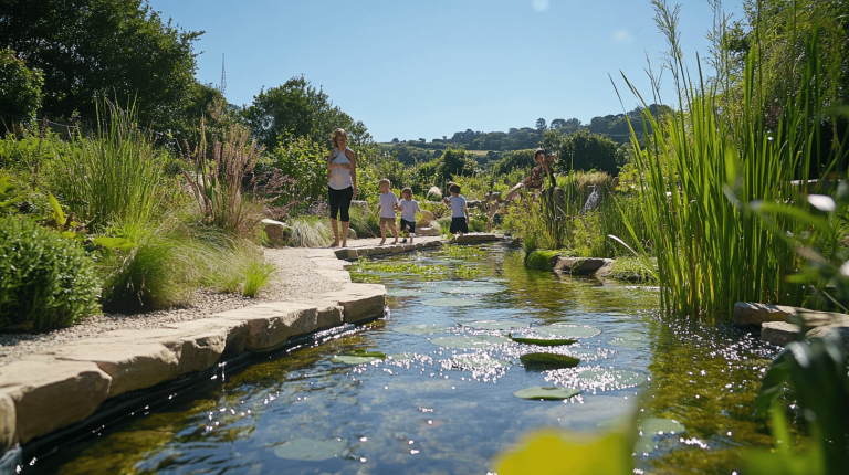 A woman and children walk along a clear, plant-fringed pond under a sunny sky, surrounded by lush greenery and rolling hills