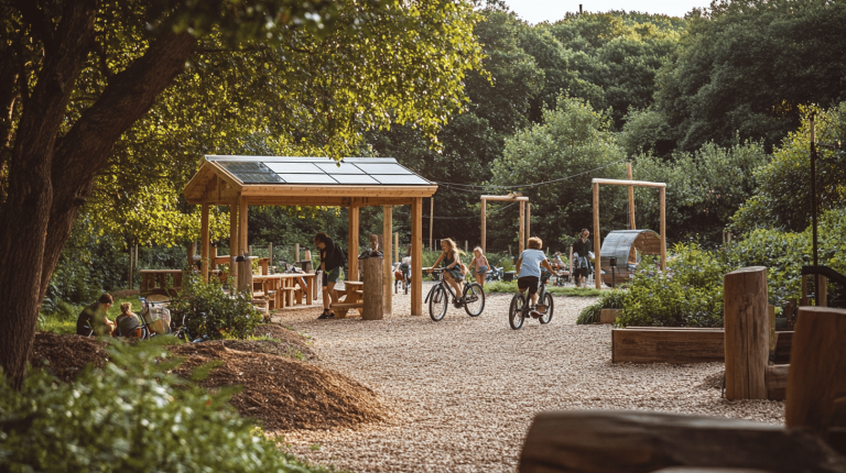 Children cycling in a natural play space beneath a timber shelter topped with solar panels, set amidst a wooded environment