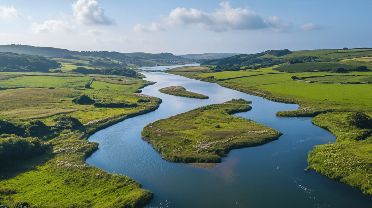 A soothing aerial view of a winding river coursing through gently rolling farmland under a bright sky