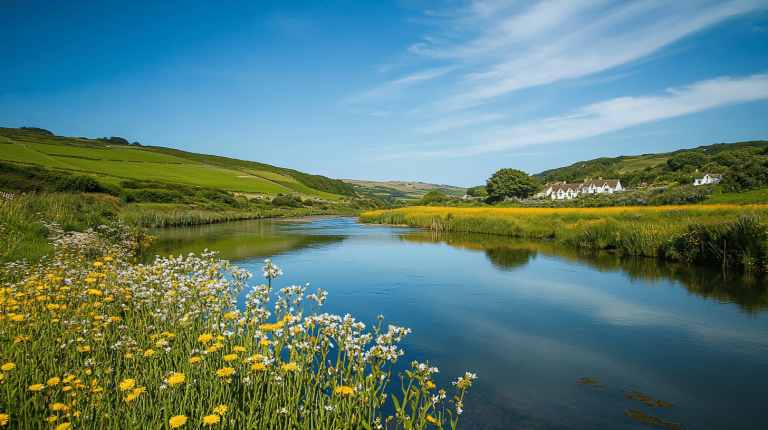 A serene river bordered by vibrant wildflowers, rolling green hills, and white cottages beneath a bright blue sky