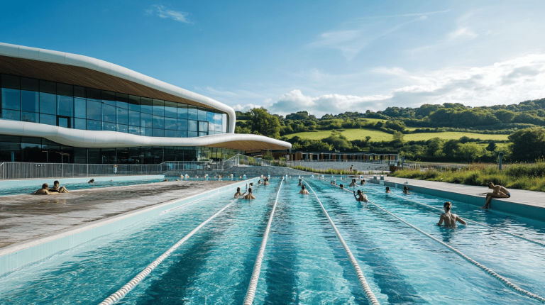 A sleek modern building with a curving roof and extensive glass frontage stands beside a broad outdoor swimming pool filled with people enjoying lane swims, surrounded by rolling green hills and a clear sky.