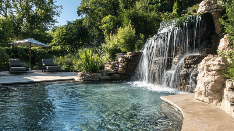 A natural stone waterfall flowing into a clear pool, set amidst dense greenery with a wooden deck and two sun loungers under a parasol