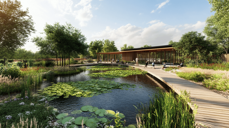 A spacious pond with floating lily pads, edged by tall grasses and wildflowers, with a winding wooden walkway leading to an open-sided timber building among trees.