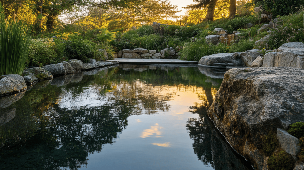 A tranquil, stone-lined pond with lush plants reflecting golden evening light