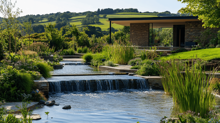 A sequence of stepped water pools flowing through a lush garden, with a modern stone pavilion and green hills in the background