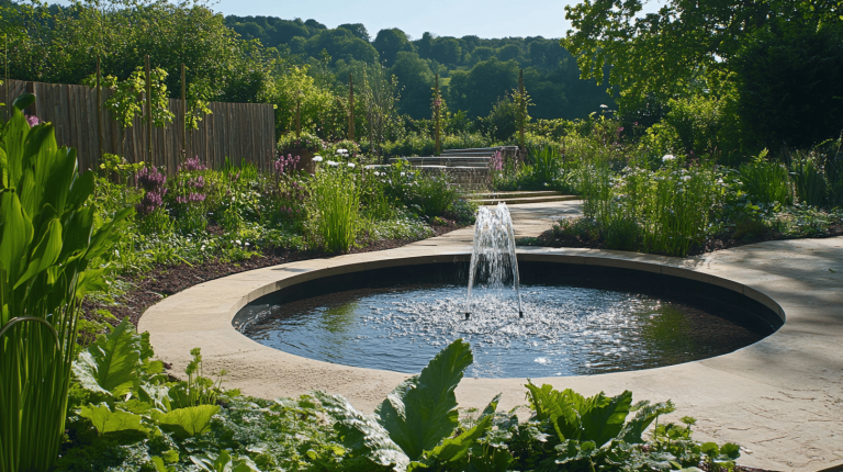 A round fountain pool with a gentle water spout at the centre, encircled by vibrant planting and rolling green hills in the background