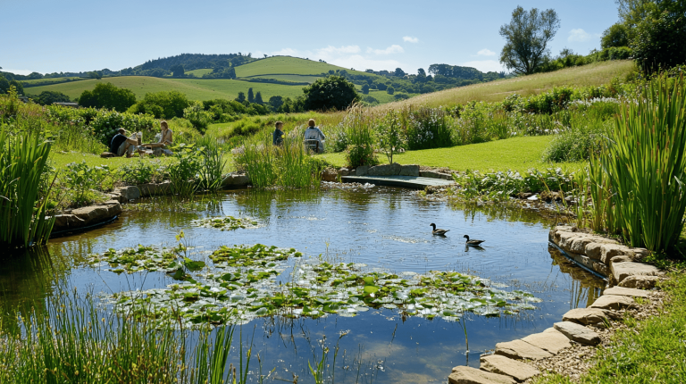 A gently curved pond with water lilies and reeds, surrounded by rolling green hills and wildflower meadows, with a few people gathered near the water and ducks swimming in the foreground