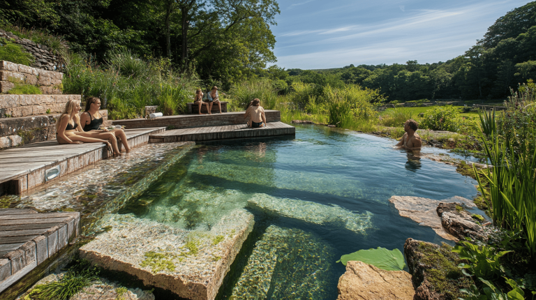 Several people enjoying a crystal-clear natural swimming pool with timber decking and terraced stone features in a lush, wooded landscape