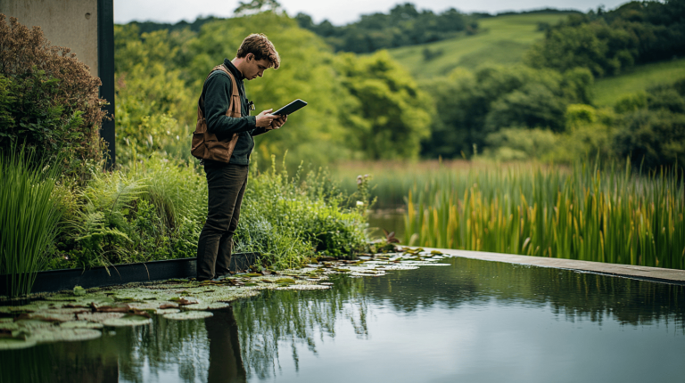 A man in a dark vest stands at the water’s edge, examining a tablet beside water lilies with rolling green hills in the background