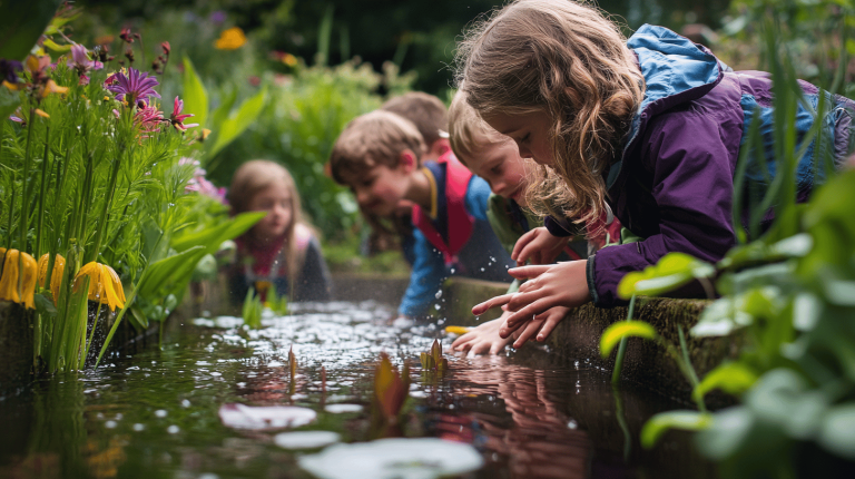 A small group of children leaning over a raised water channel in a lush garden, touching the water amid vibrant flowers and aquatic plants