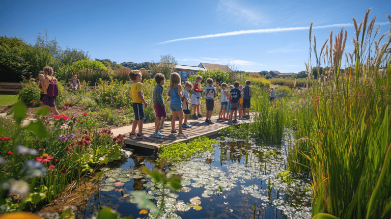 A group of children stands on a small wooden walkway above a vibrant pond with water lilies, surrounded by lush greenery and colourful flowers on a sunny day