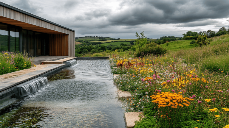 A modern timber-sided building beside a reflective water feature with gentle cascades, surrounded by colourful wildflowers and rolling countryside beneath a cloudy sky