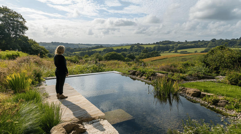 A person stands beside a sleek natural-style pool shaded by native flora, gazing over verdant fields and gentle hills under a partly cloudy sky
