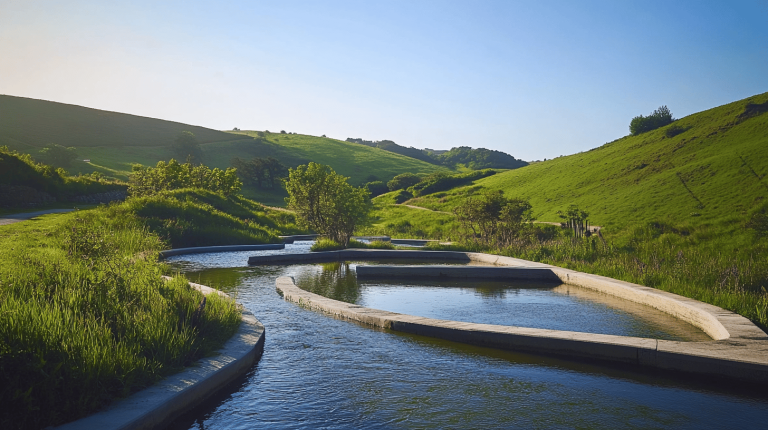 Curved water channels forming stepped pools set in a gently sloping, grassy landscape under a clear blue sky