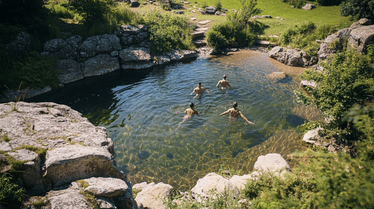 Four people swimming in a clear, stone-lined pond encircled by lush greenery