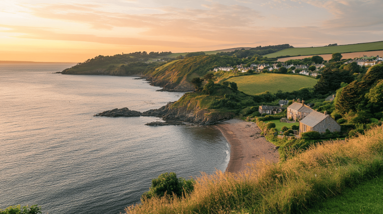 An elevated view of rolling green hills descending to a small sandy cove, with stone cottages perched near the shoreline and a golden sunset over calm waters