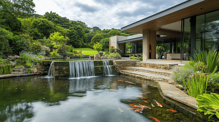 View of a contemporary house overlooking a koi pond with a cascading waterfall, surrounded by lush greenery