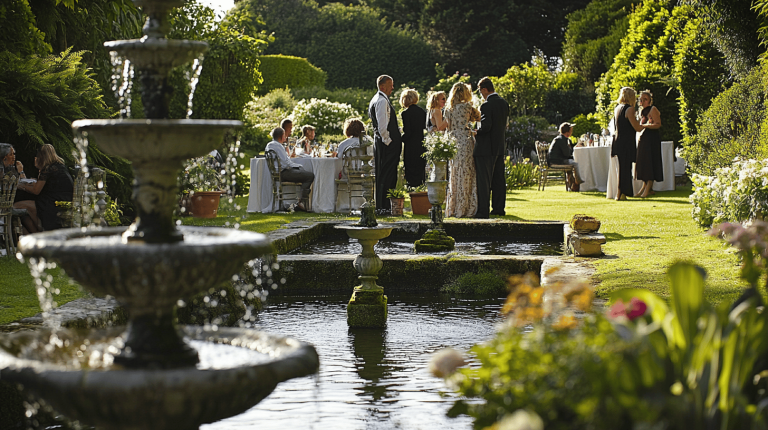 A multi-tiered stone fountain flowing into a shallow pond, with guests conversing in a lush garden setting