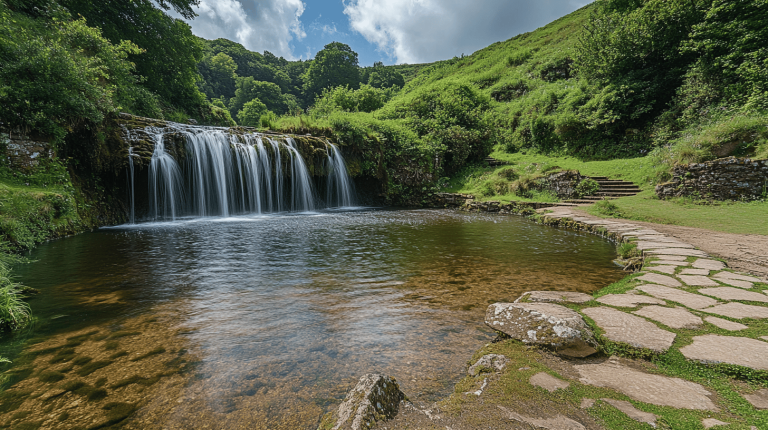 A waterfall cascades gently over a rocky ledge into a clear pool, surrounded by lush green hills and a stone footpath to the right.