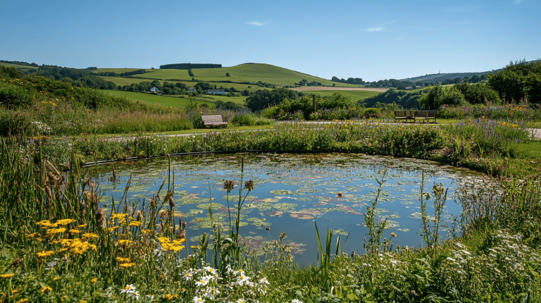 A circular pond with water lilies surrounded by wildflowers and rolling green hills under a clear sky