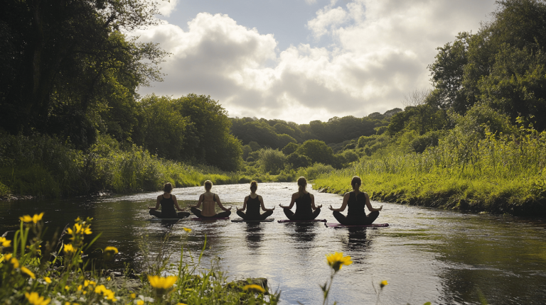 Five individuals sitting in calm water, meditating against a backdrop of lush greenery and bright wildflowers
