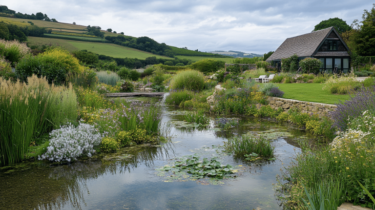 A tranquil pond edged with tall grasses and wildflowers, nestled in rolling countryside with a timber-clad cottage nearby