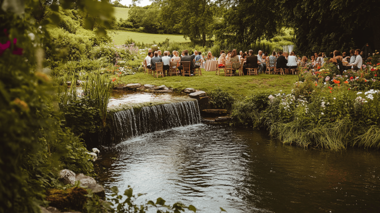 A group of people seated on a lawn around tables near a small waterfall flowing into a gentle stream, surrounded by vibrant flowers and lush greenery
